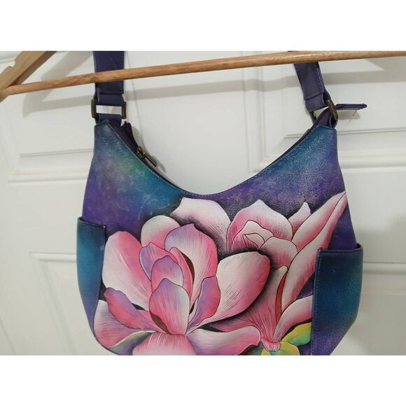 Anuschka womens hand painted genuine leather handbag purple pink hobo bag - Picture 3 of 8